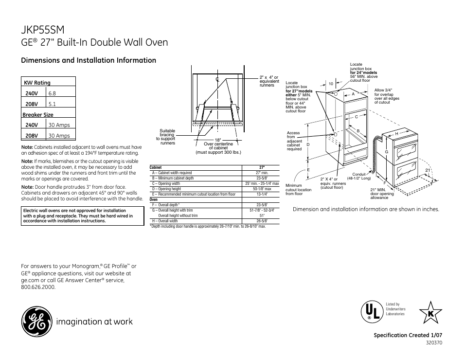 GE JKP55SM User Manual | 2 pages