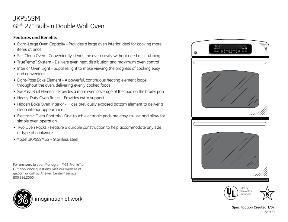 Jkp55sm, 27" built-in double wall oven | GE JKP55SM User Manual | Page 2 / 2