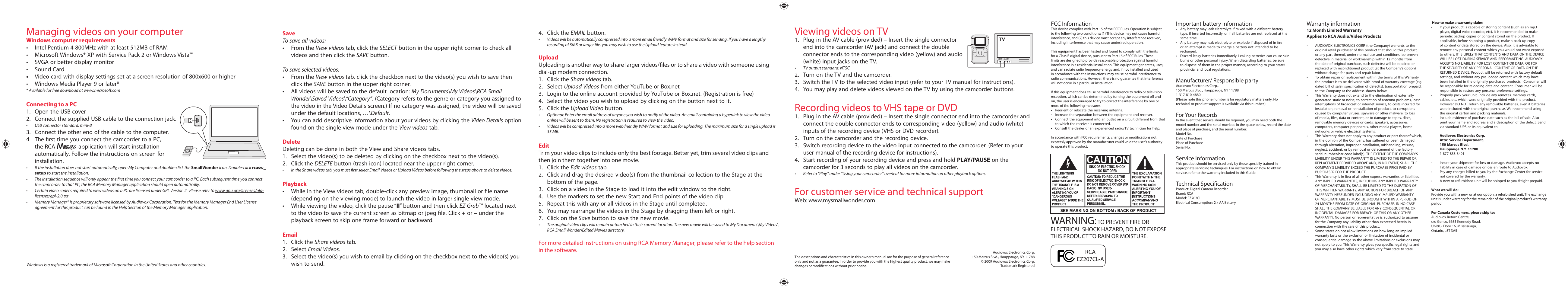 Managing videos on your computer, Viewing videos on tv, Recording videos to vhs tape or dvd | For customer service and technical support, Warning | GE WSSE5210 User Manual | Page 2 / 2