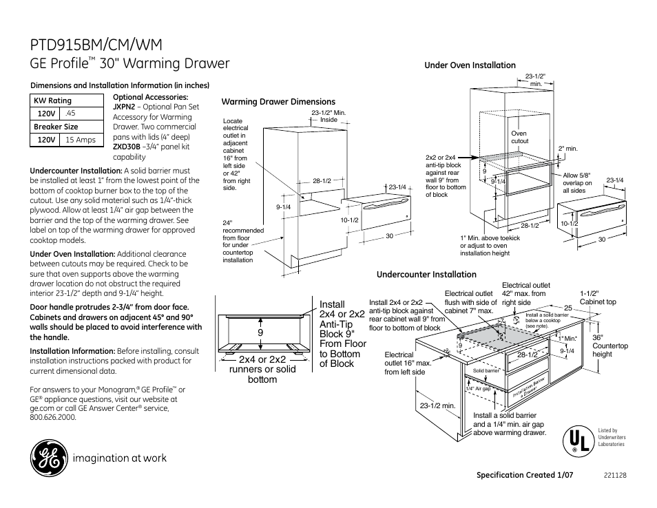 GE PTD915WMWW User Manual | 2 pages