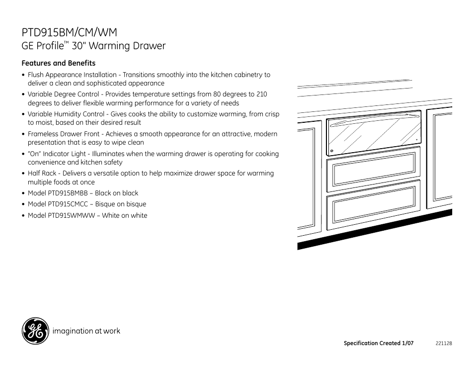 Ptd915bm/cm/wm, Ge profile, 30" warming drawer | GE PTD915WMWW User Manual | Page 2 / 2