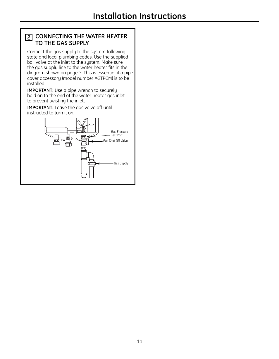 Connecting the water heater to the gas supply, Installation instructions, Connecting the water heater to the gas supply 2 | GE GN75ENSRSA User Manual | Page 11 / 24