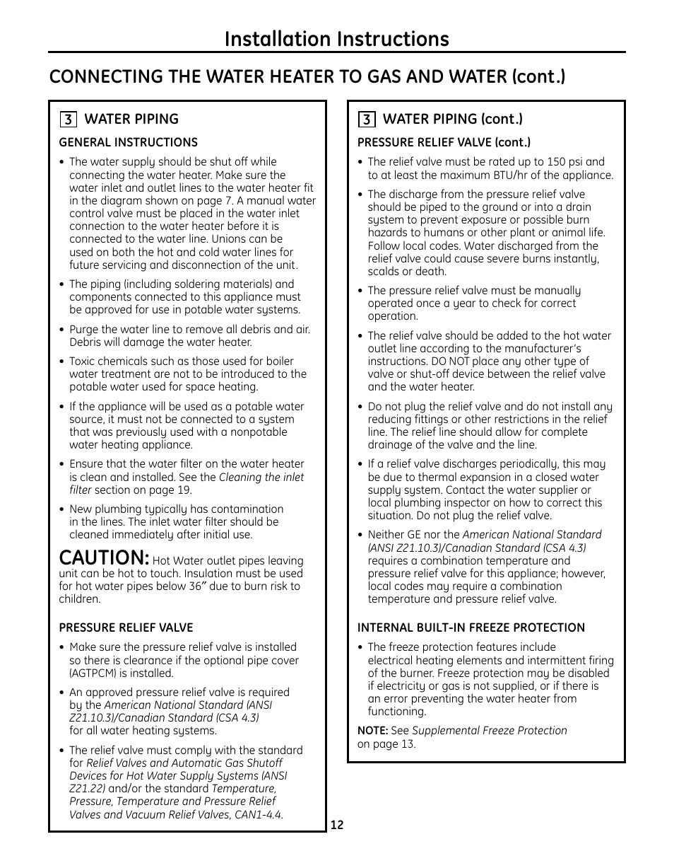 Water piping, Installation instructions, Caution | 3water piping (cont.) | GE GN75ENSRSA User Manual | Page 12 / 24