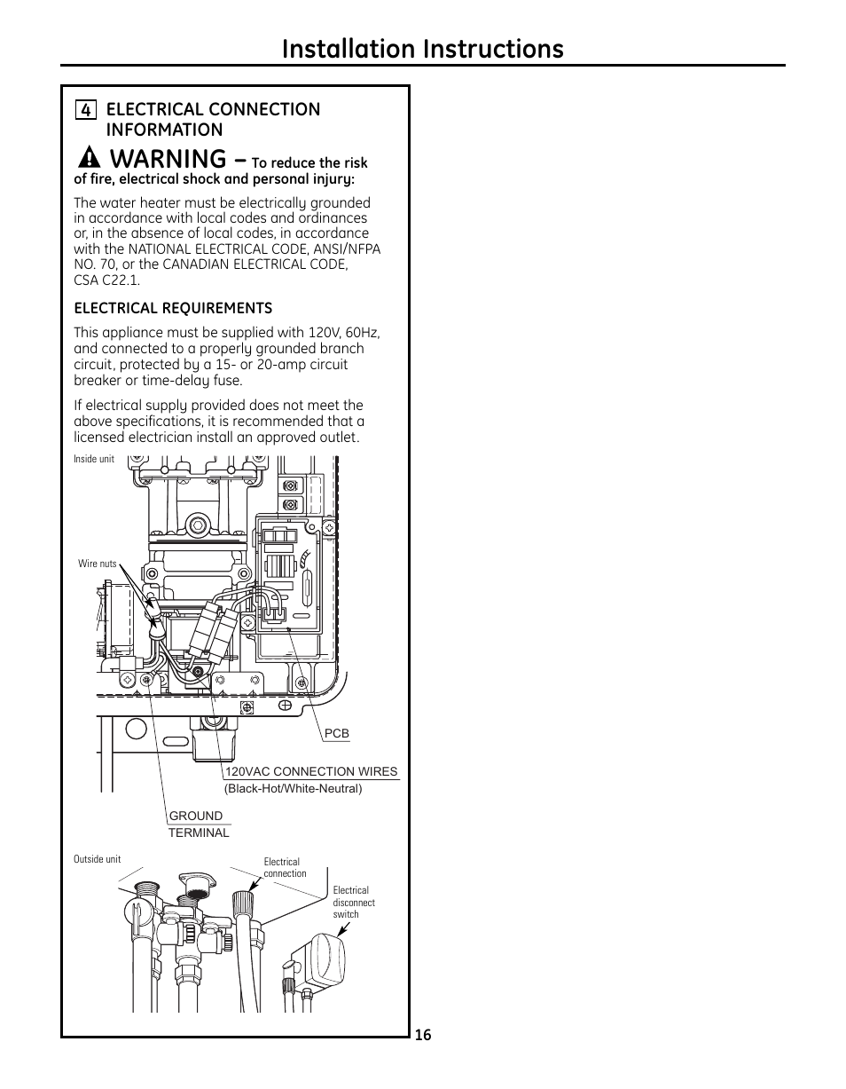 Electrical connection information, Installation instructions, Warning | GE GN75ENSRSA User Manual | Page 16 / 24