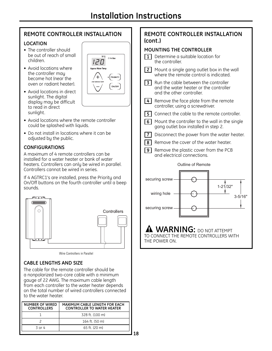 Remote controller installation, Warning, Installation instructions | Remote controller installation (cont.) | GE GN75ENSRSA User Manual | Page 18 / 24