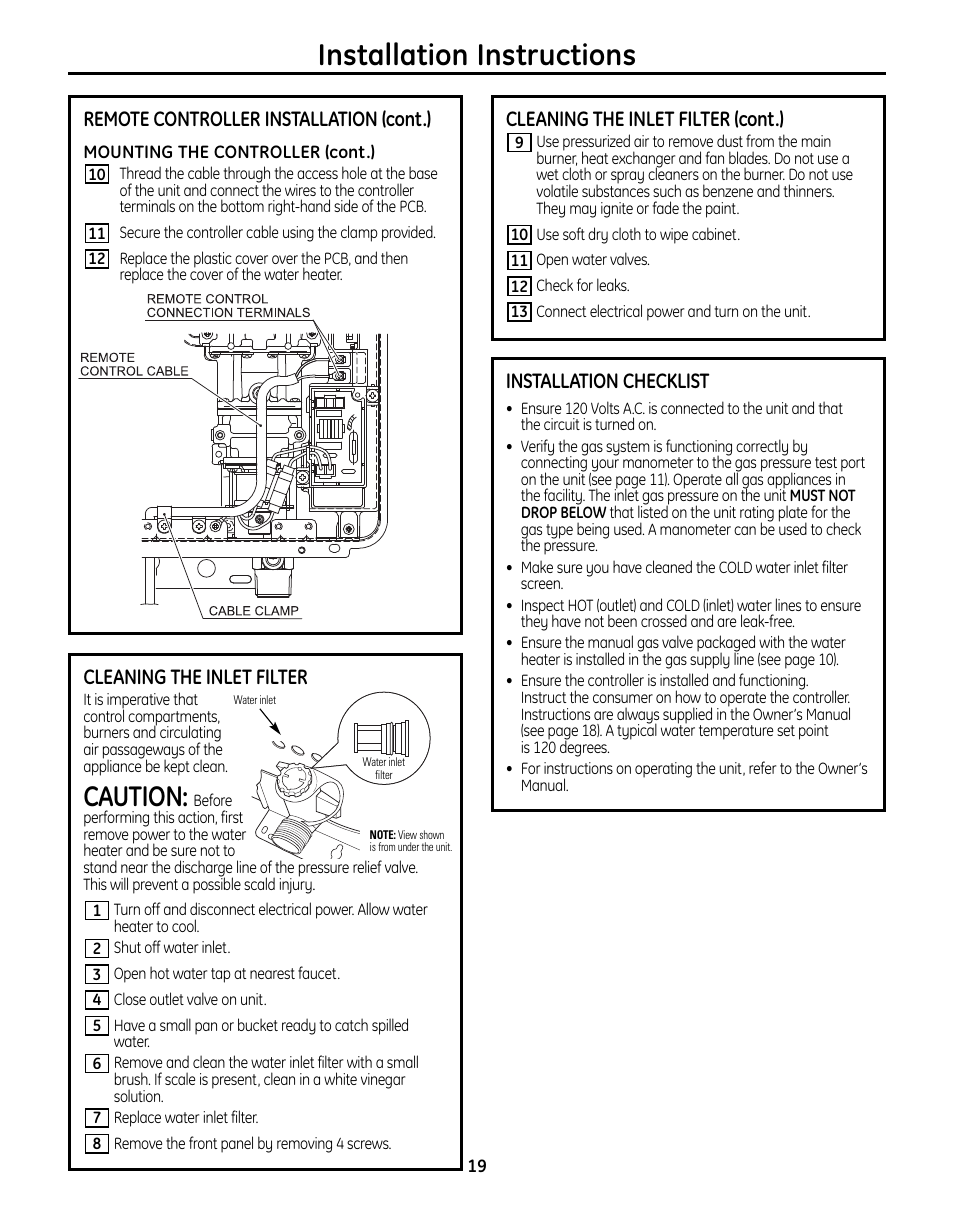 Cleaning the inlet filter, Installation checklist, Installation instructions | Caution, Remote controller installation (cont.), Cleaning the inlet filter (cont.) | GE GN75ENSRSA User Manual | Page 19 / 24