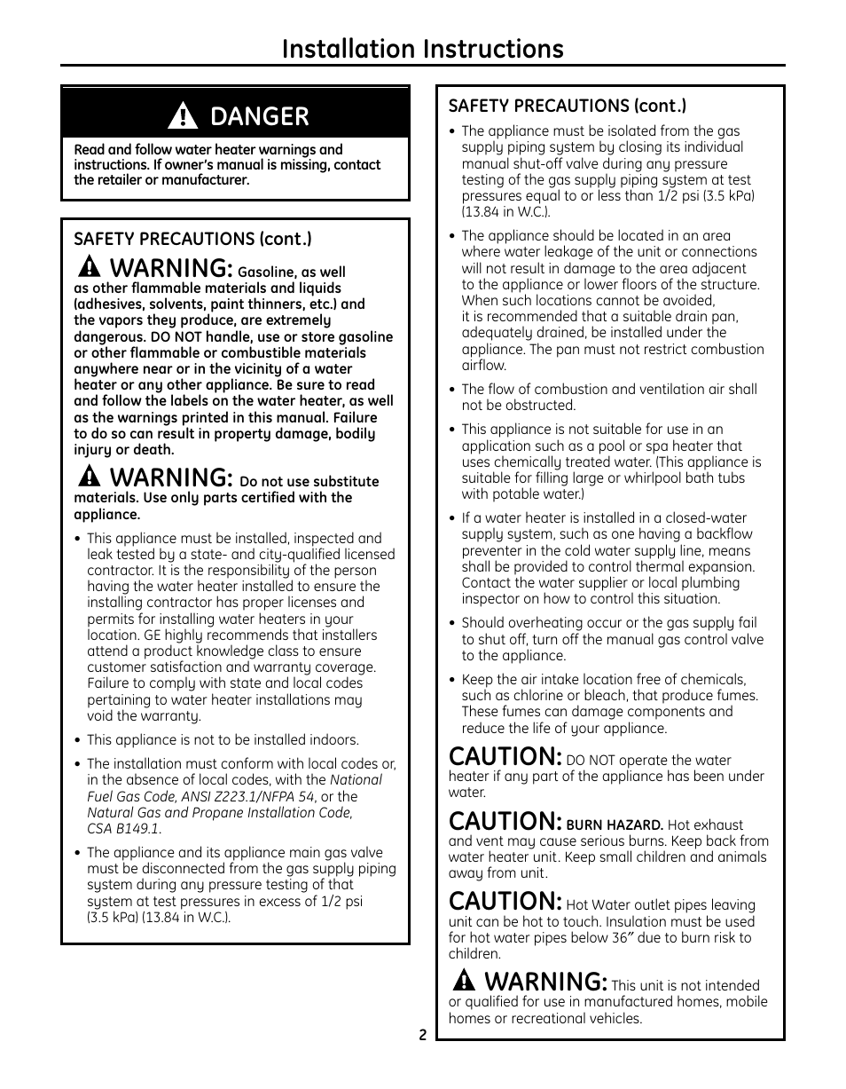 Installation instructions, Warning, Caution | Danger | GE GN75ENSRSA User Manual | Page 2 / 24