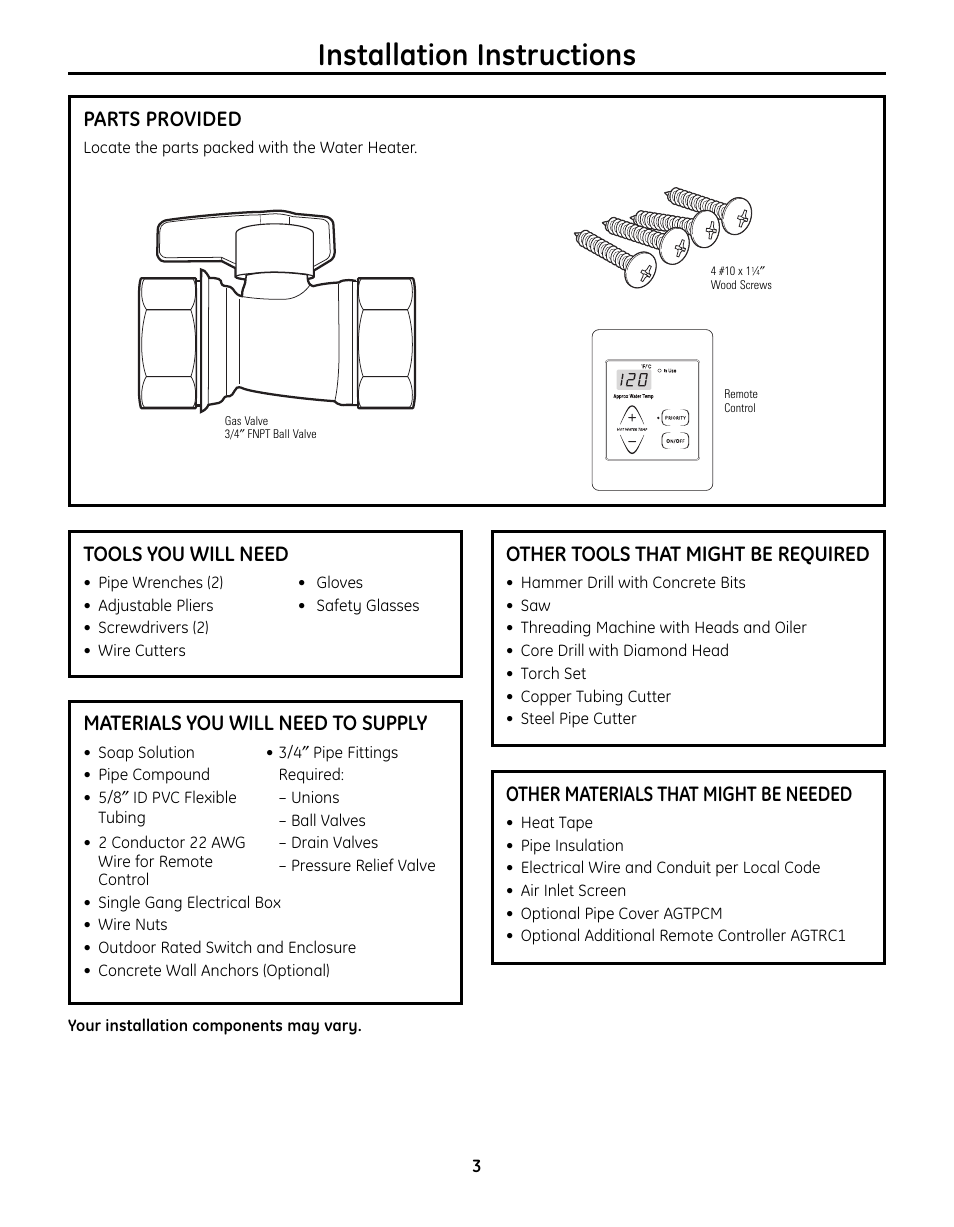 Parts provided, Tools youwill need, Materials youwill need to supply | Other tools that might be required, Other materials that might be needed, Installation instructions, Tools you will need, Materials you will need to supply | GE GN75ENSRSA User Manual | Page 3 / 24