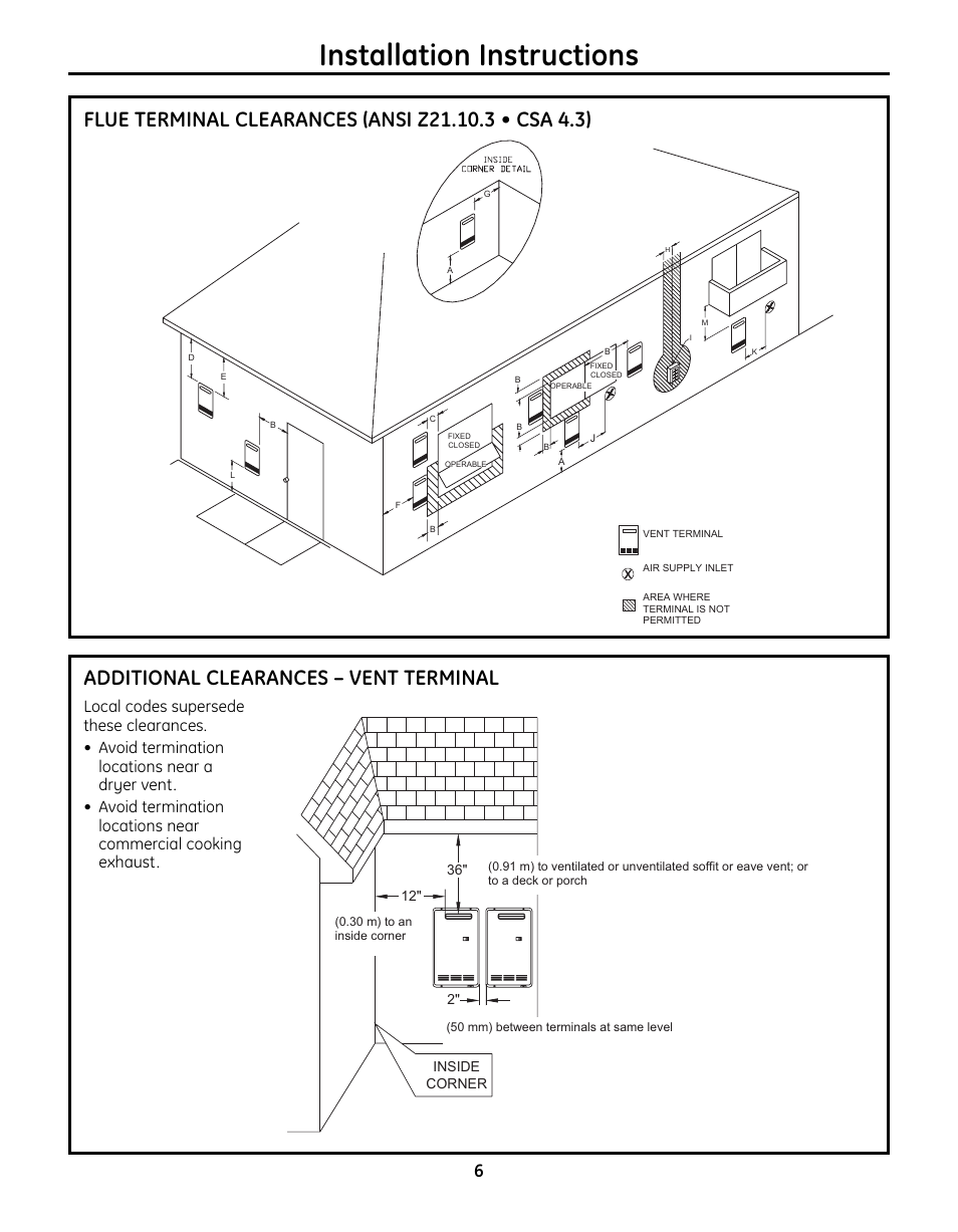 Installation instructions, Additional clearances – vent terminal | GE GN75ENSRSA User Manual | Page 6 / 24