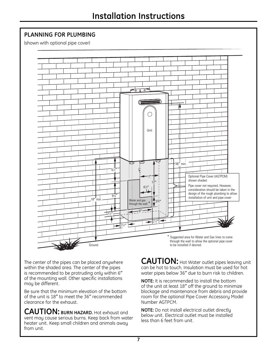 Planning for plumbing, Installation instructions, Caution | GE GN75ENSRSA User Manual | Page 7 / 24