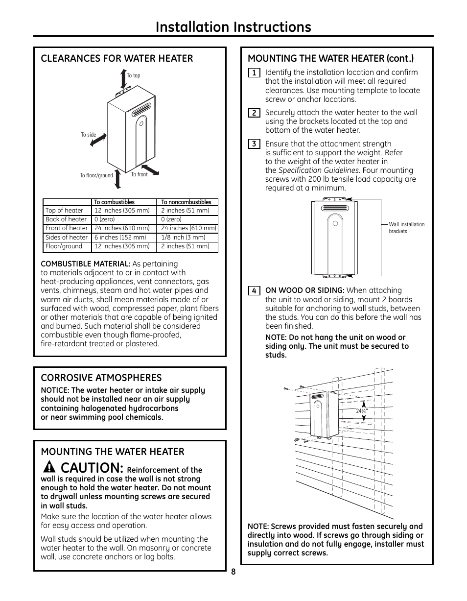 Clearances for water heater, Mounting the water heater, Installation instructions | Caution, Mounting the water heater (cont.), Corrosive atmospheres | GE GN75ENSRSA User Manual | Page 8 / 24