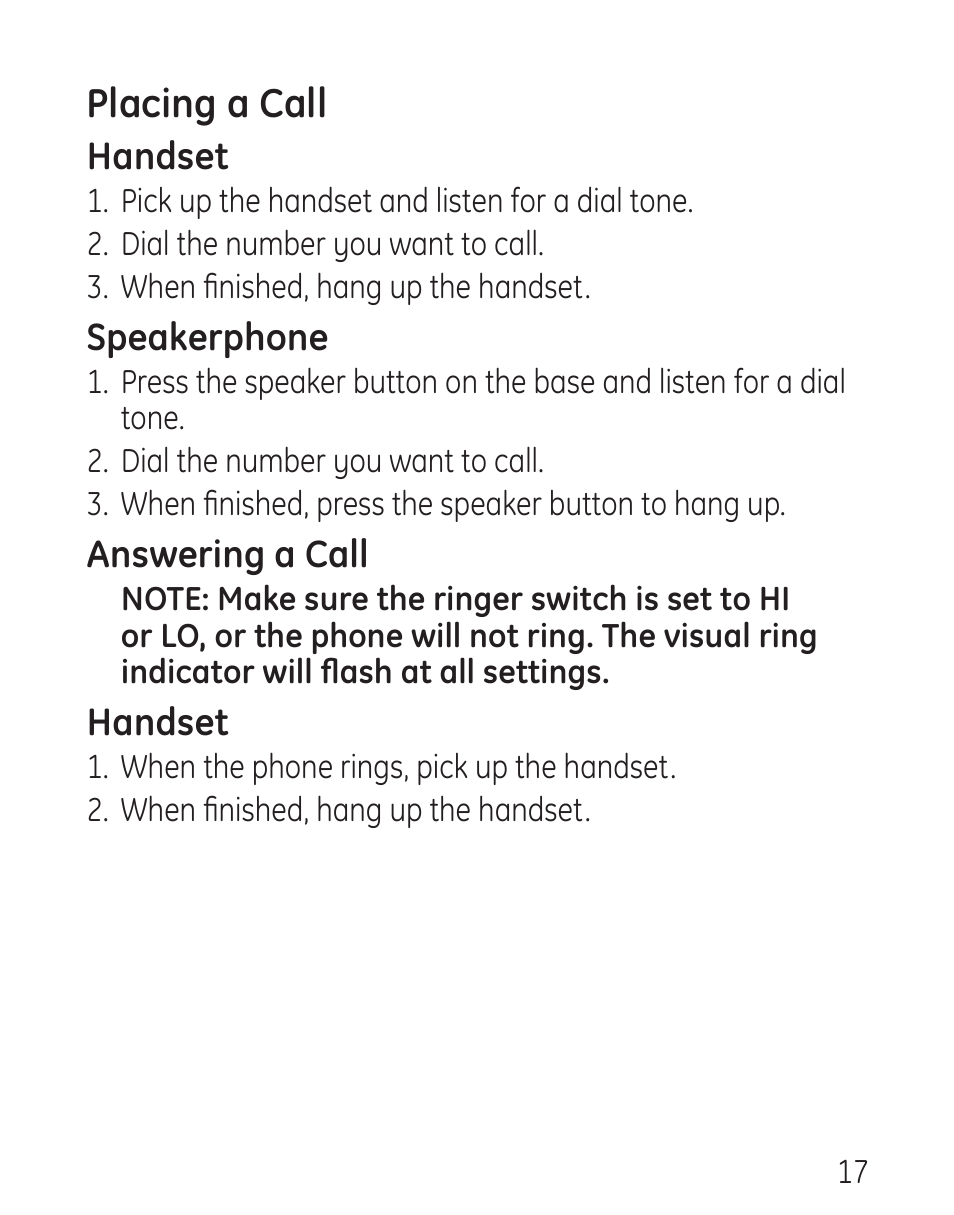 Placing a call | GE 29578 User Manual | Page 17 / 72