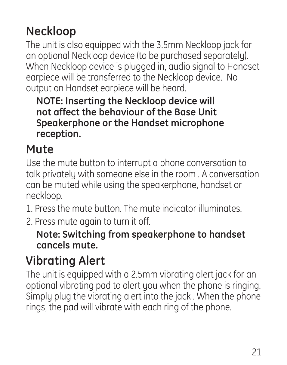 Neckloop, Mute, Vibrating alert | GE 29578 User Manual | Page 21 / 72