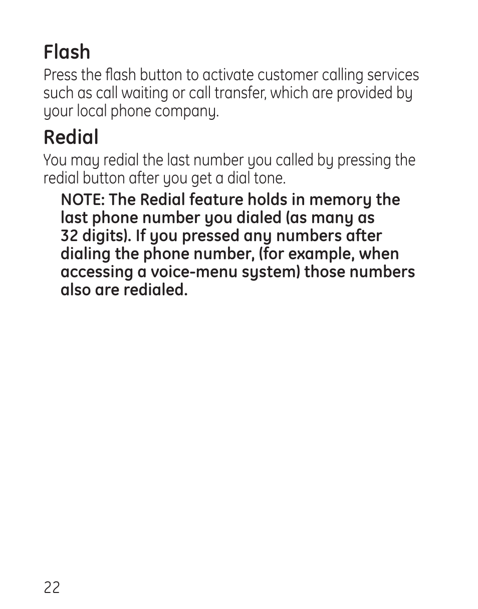 Flash, Redial | GE 29578 User Manual | Page 22 / 72