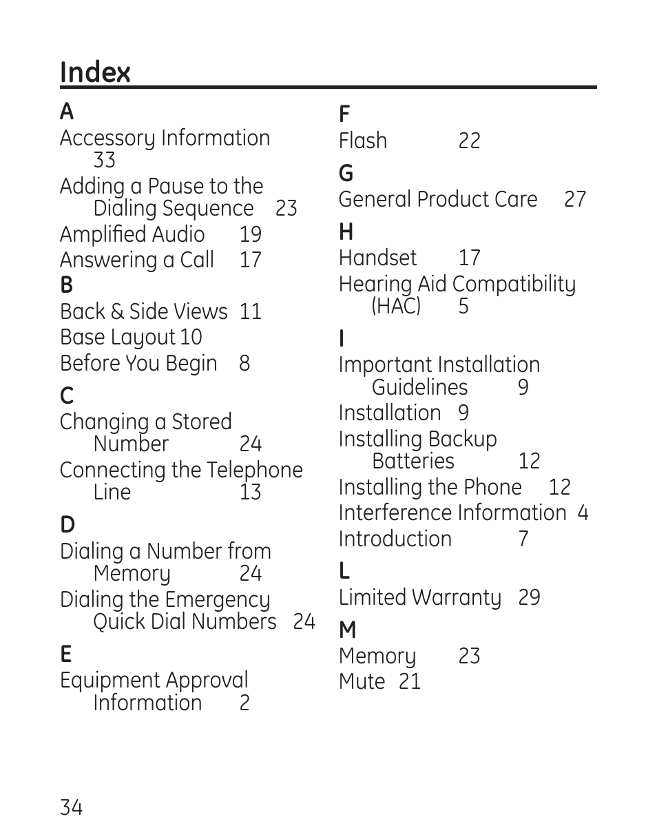 Index | GE 29578 User Manual | Page 34 / 72