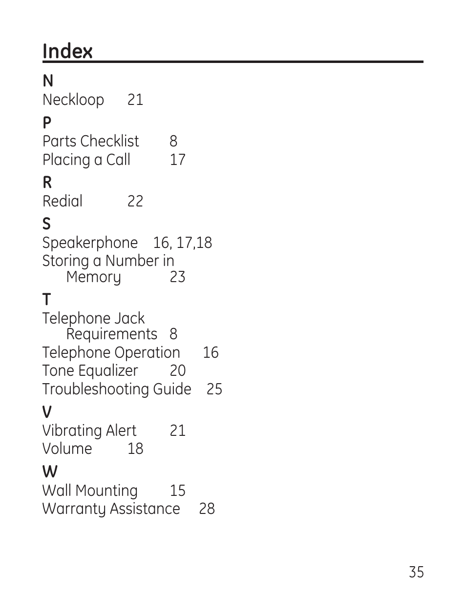 Index | GE 29578 User Manual | Page 35 / 72