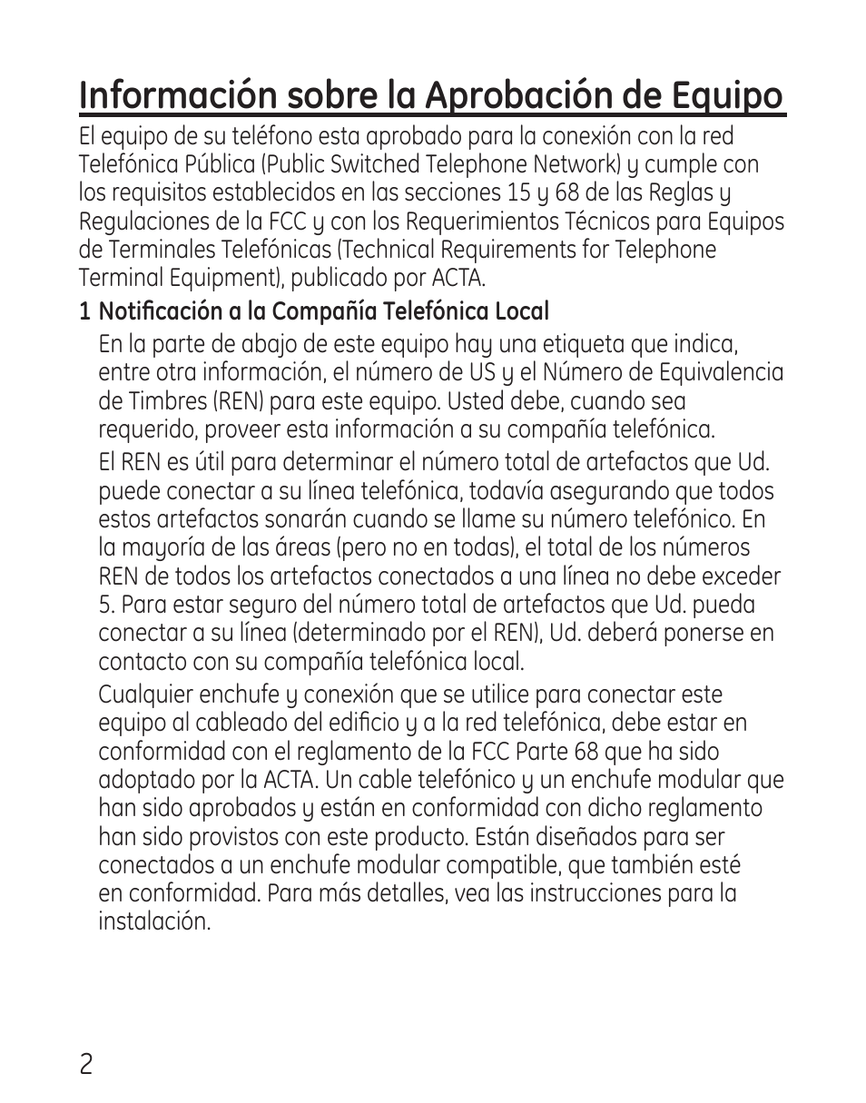 Información sobre la aprobación de equipo | GE 29578 User Manual | Page 38 / 72