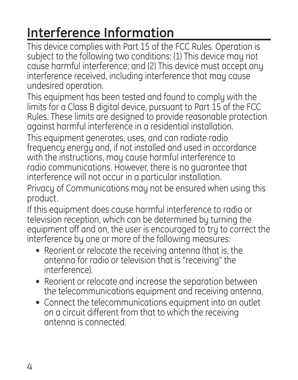 Interference information | GE 29578 User Manual | Page 4 / 72