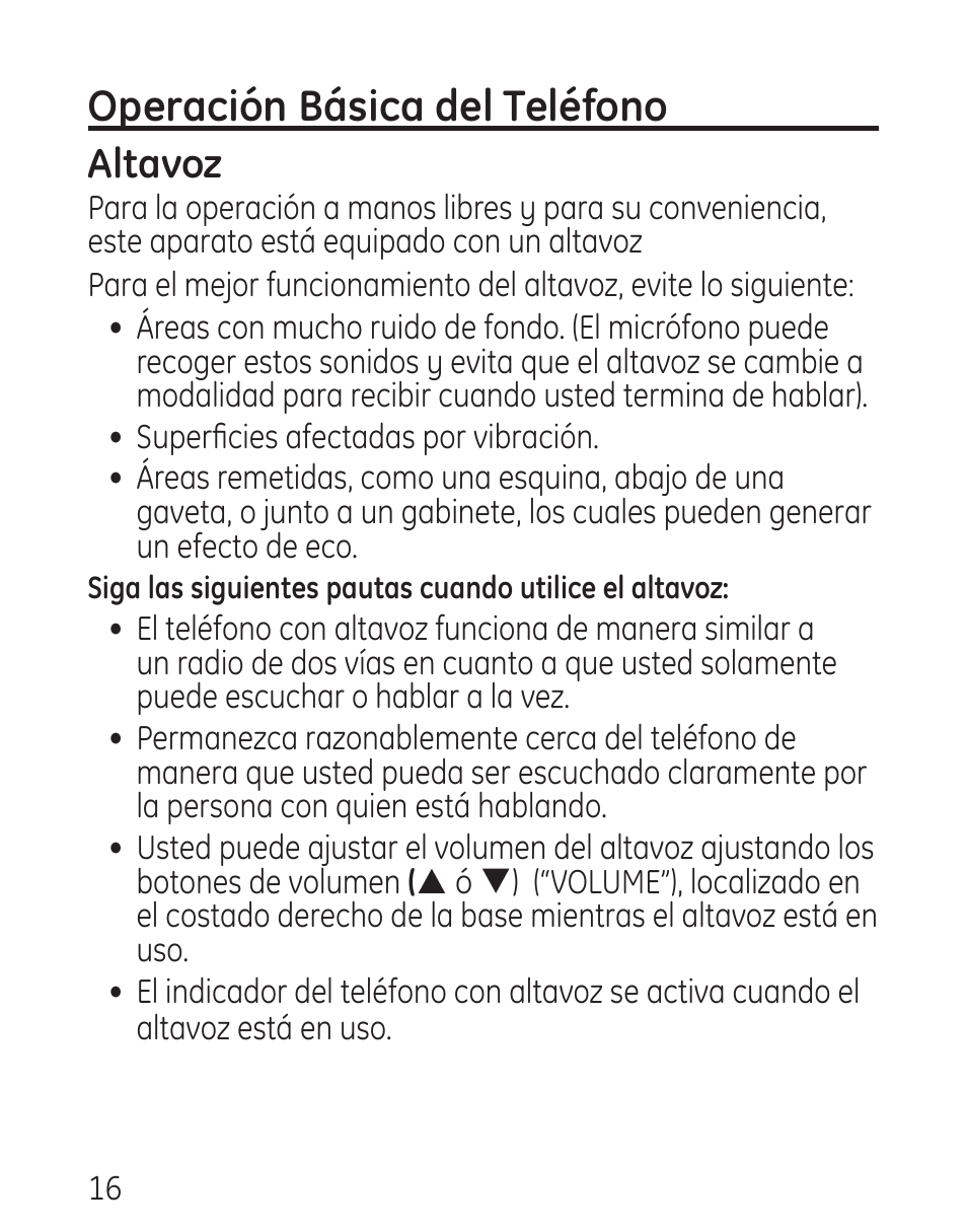 Operación básica del teléfono, Altavoz | GE 29578 User Manual | Page 52 / 72