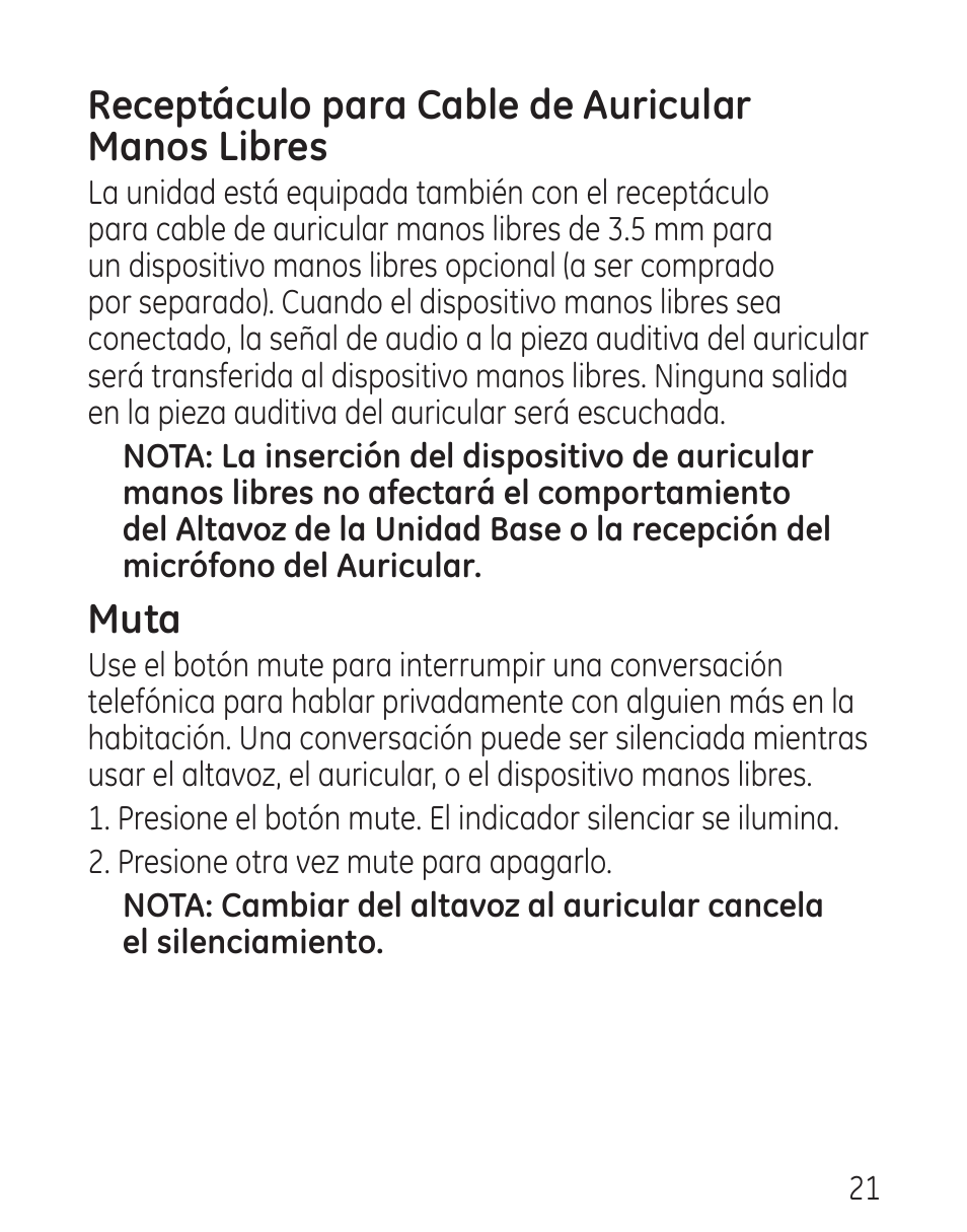 Receptáculo para cable de auricular manos libres, Muta | GE 29578 User Manual | Page 57 / 72