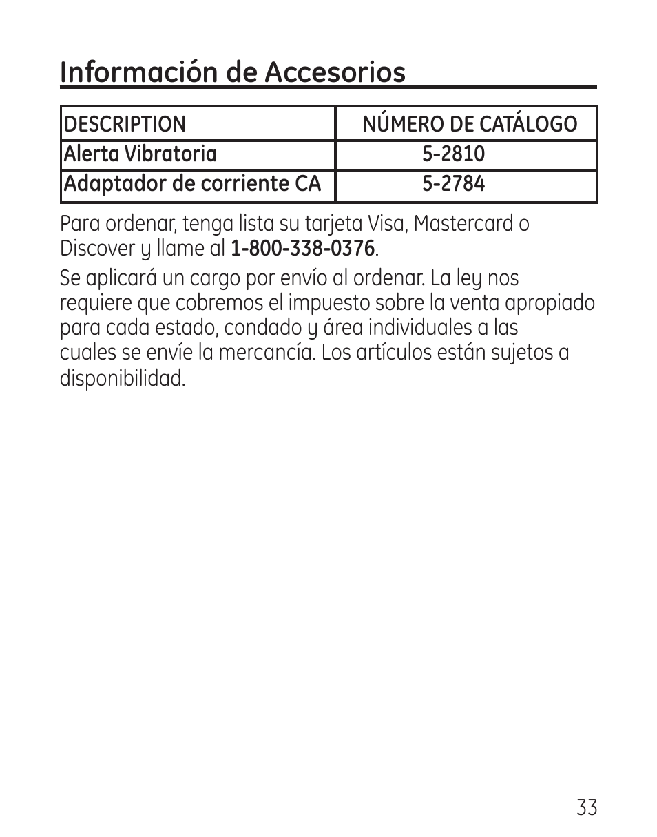 Información de accesorios | GE 29578 User Manual | Page 69 / 72