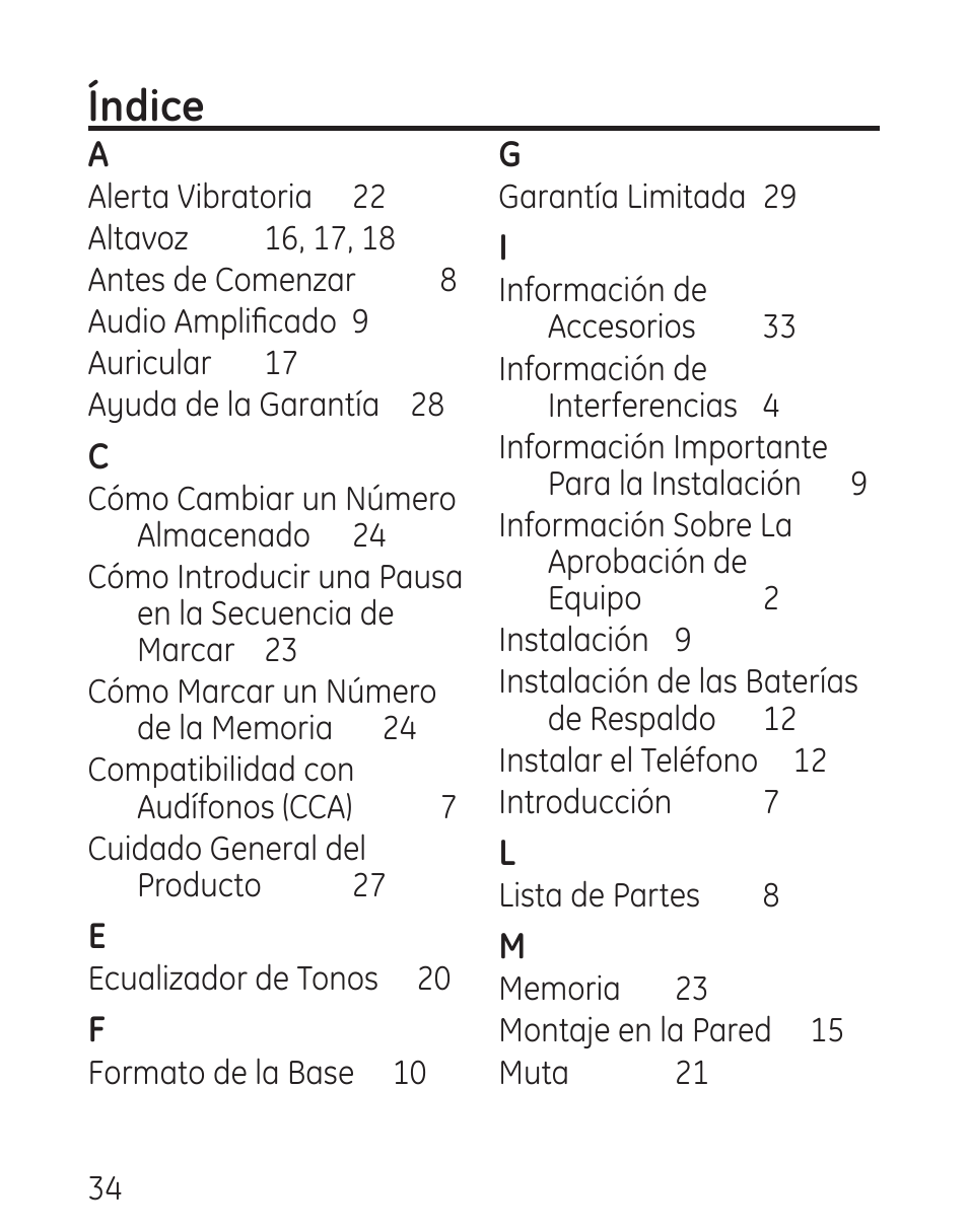 Índice | GE 29578 User Manual | Page 70 / 72