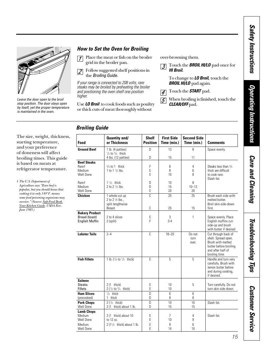 How to set the oven for broiling, Broiling guide | GE 49-8973-2 01-00 JR User Manual | Page 15 / 40