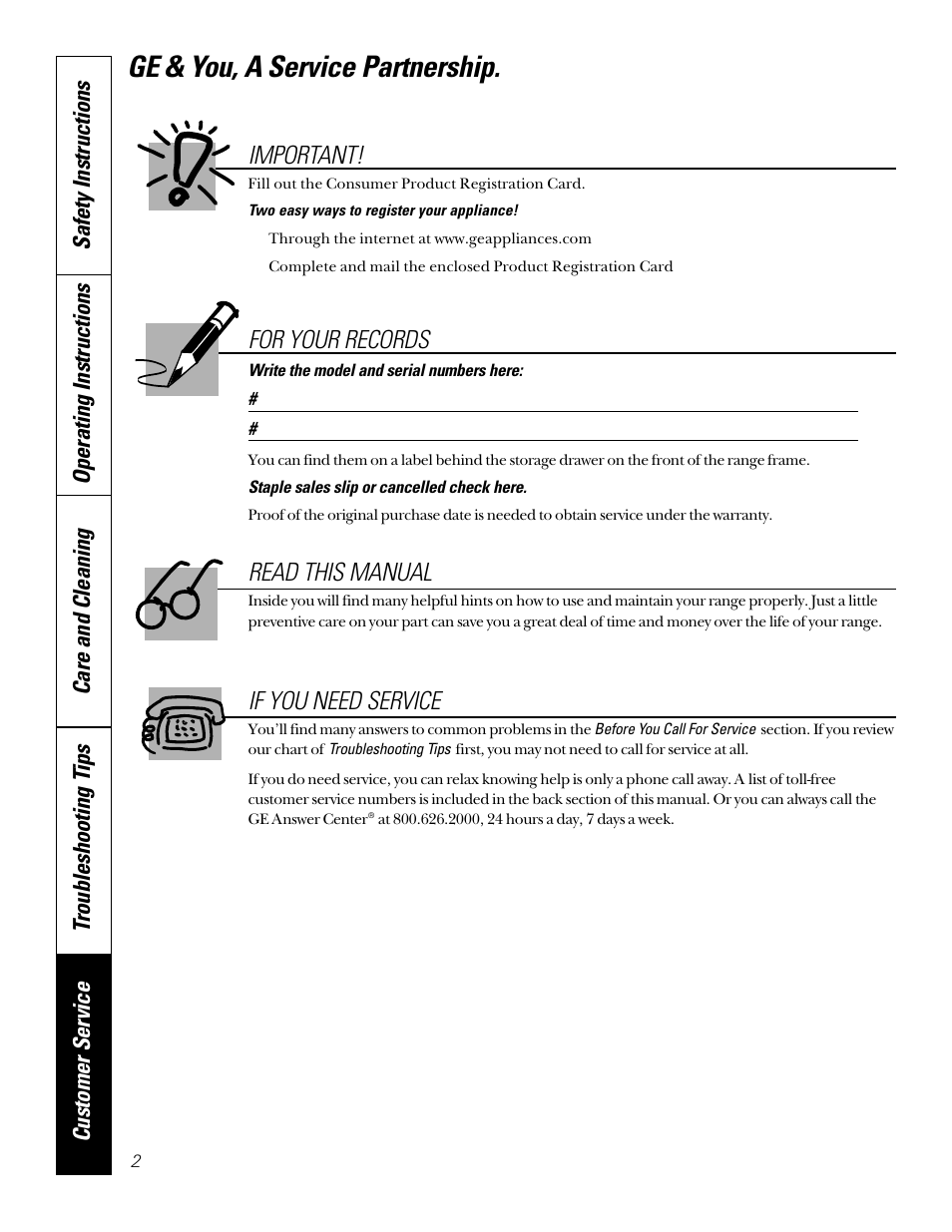 Ge & you, a service partnership, Read this manual, For your records | If you need service, Important | GE 49-8973-2 01-00 JR User Manual | Page 2 / 40