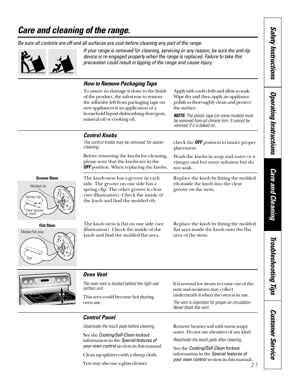 Control knobs, Care and cleaning of the range | GE 49-8973-2 01-00 JR User Manual | Page 27 / 40