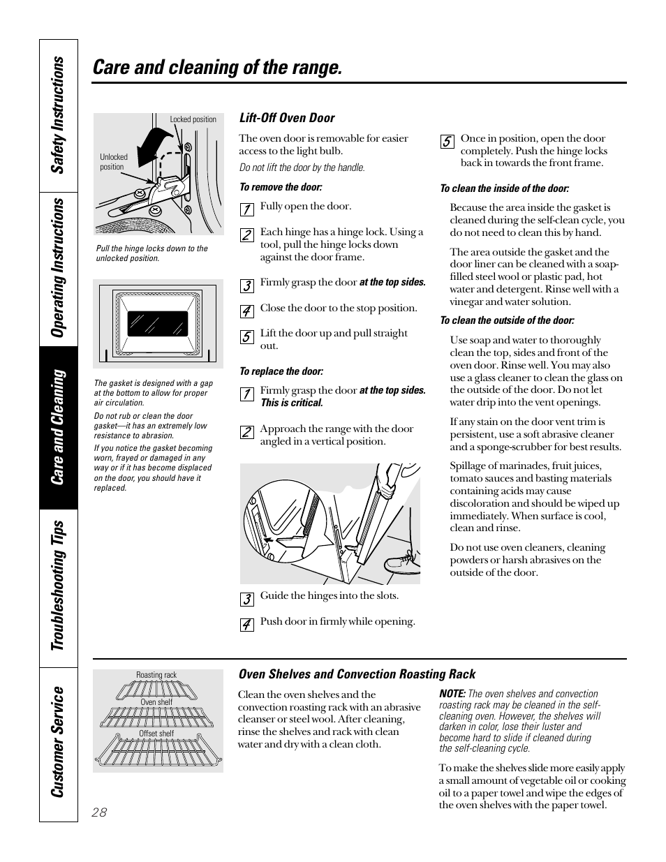 Lift-off oven door, Oven shelves, Lift-off oven door oven shelves | Care and cleaning of the range | GE 49-8973-2 01-00 JR User Manual | Page 28 / 40