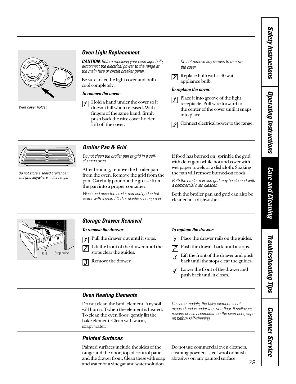 Broiler pan & grid, Oven light, Broiler pan & grid oven light | GE 49-8973-2 01-00 JR User Manual | Page 29 / 40