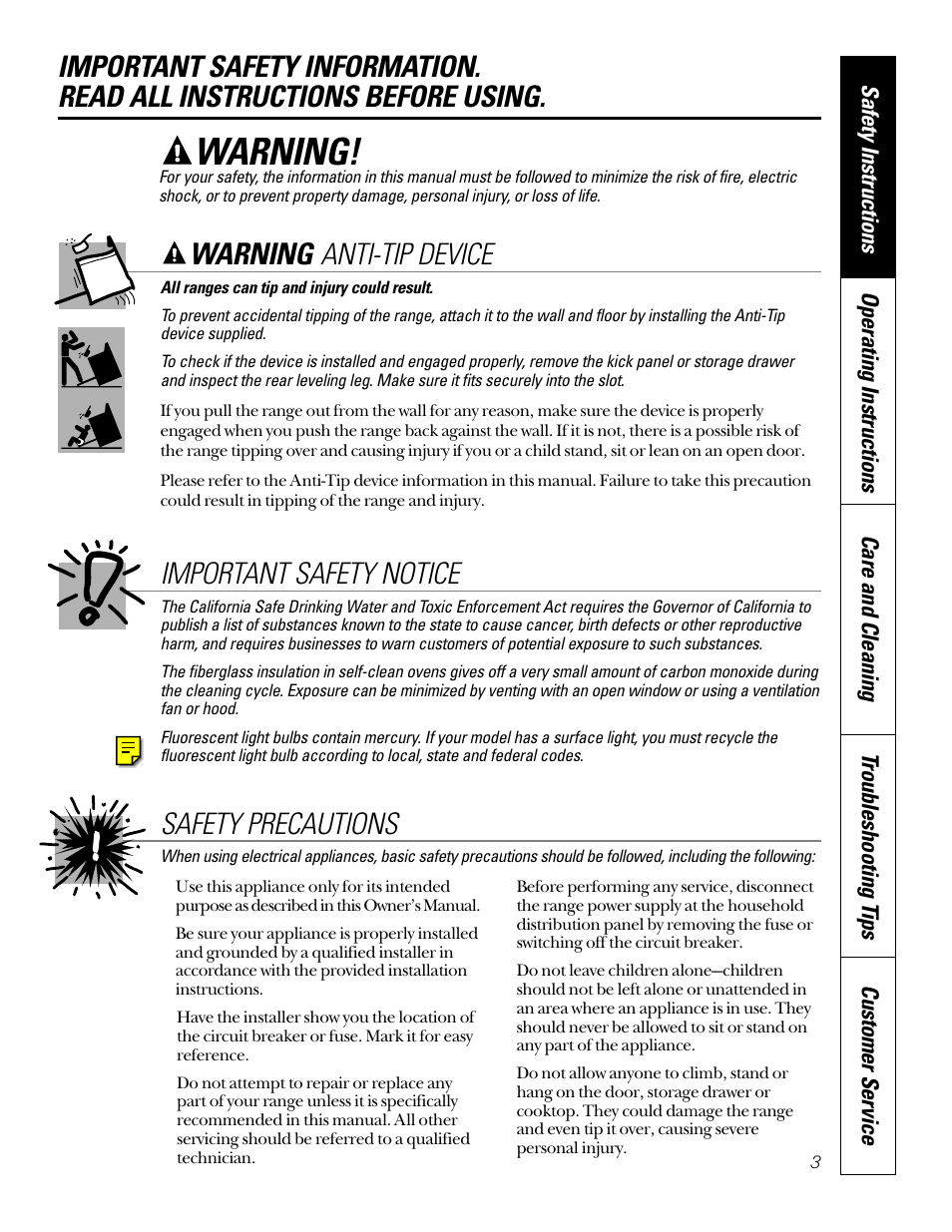 Anti-tip device, Safety precautions, Anti-tip device safety precautions , 4 | Warning, Warning anti-tip device important safety notice | GE 49-8973-2 01-00 JR User Manual | Page 3 / 40