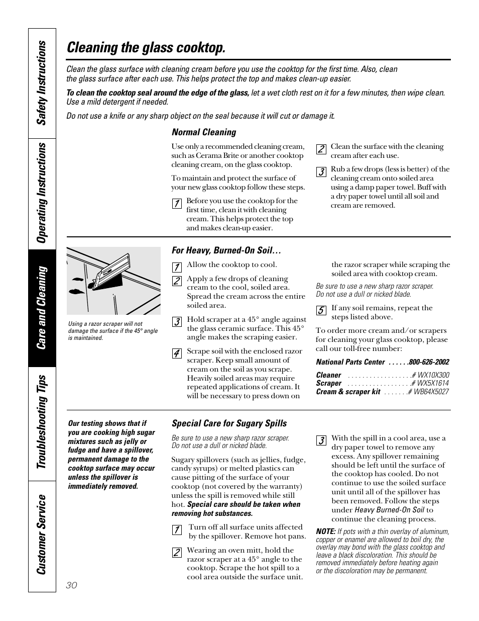 Glass cooktop, Cleaning the glass cooktop | GE 49-8973-2 01-00 JR User Manual | Page 30 / 40