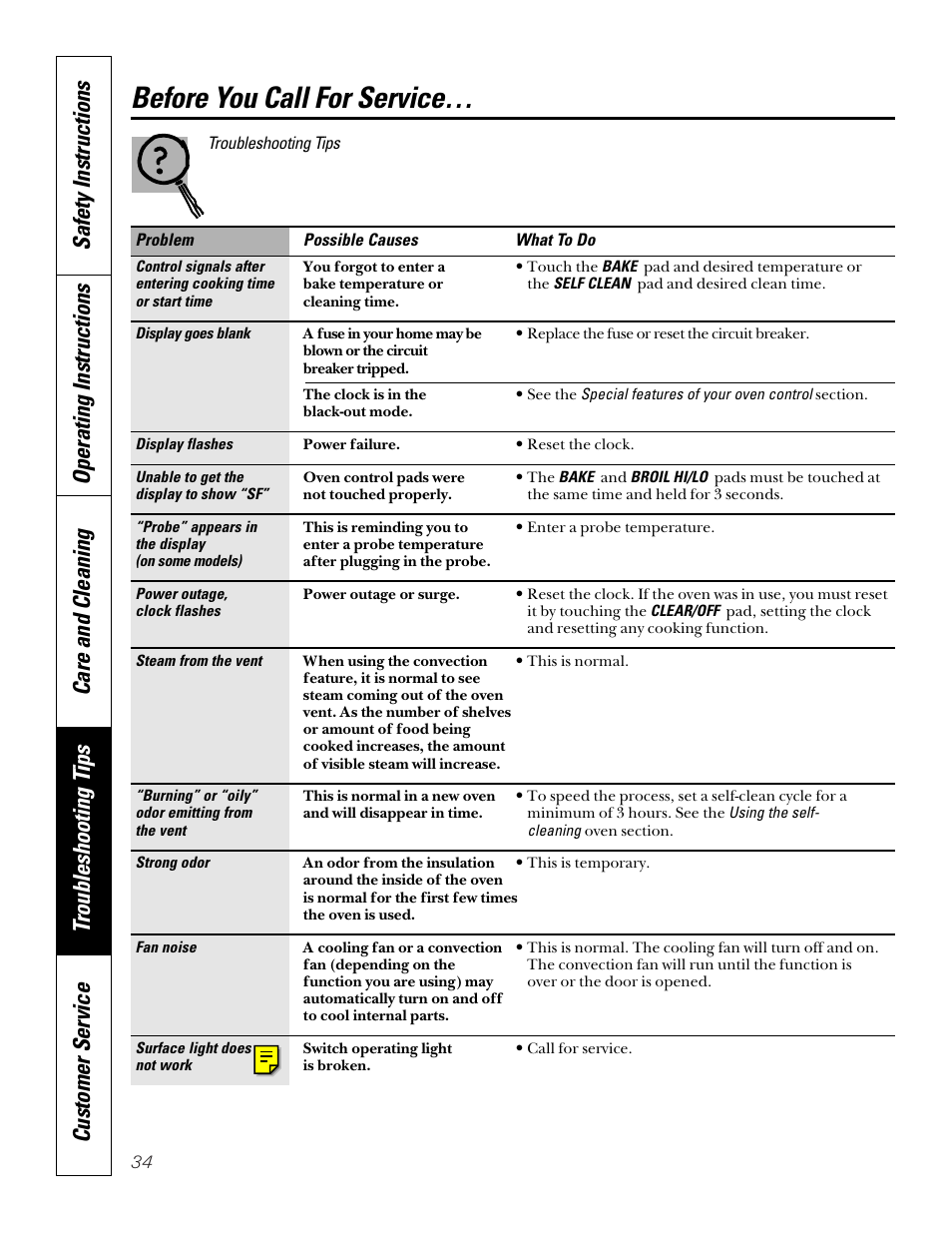 Before you call for service | GE 49-8973-2 01-00 JR User Manual | Page 34 / 40