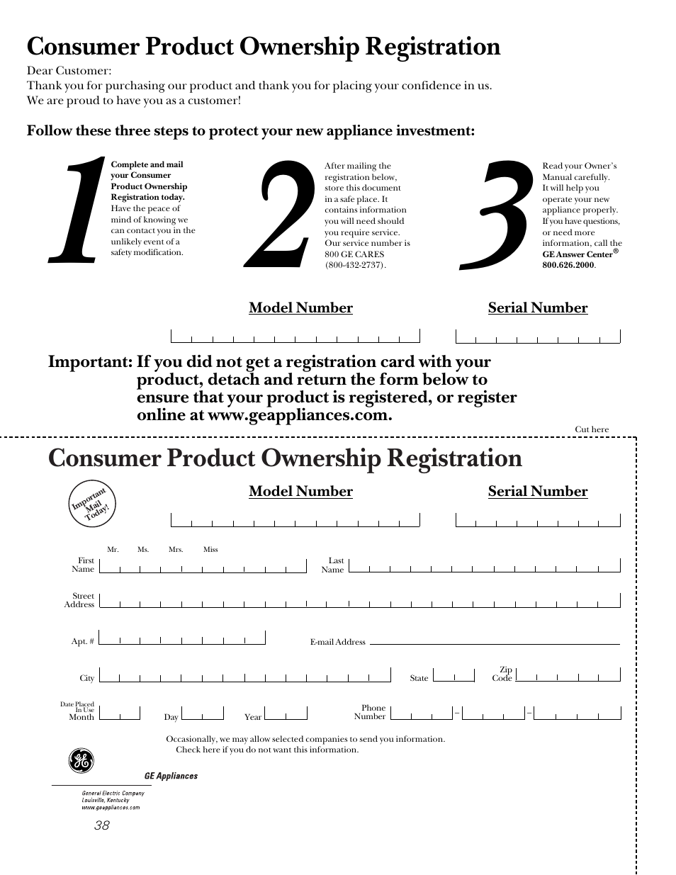 Consumer product ownership registration | GE 49-8973-2 01-00 JR User Manual | Page 38 / 40