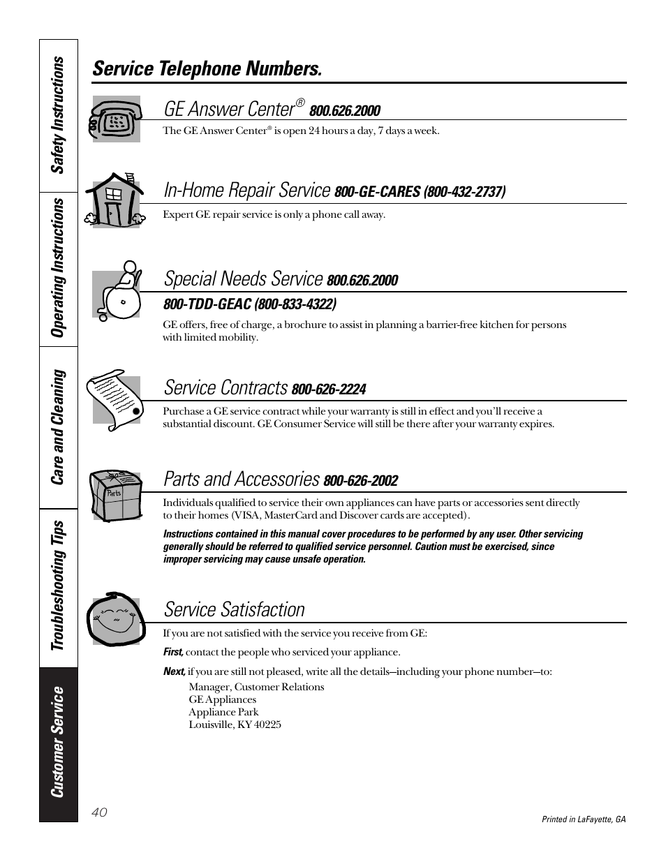 Service telephone numbers, Service telephone numbers. ge answer center, In-home repair service | Special needs service, Service contracts, Parts and accessories, Service satisfaction | GE 49-8973-2 01-00 JR User Manual | Page 40 / 40