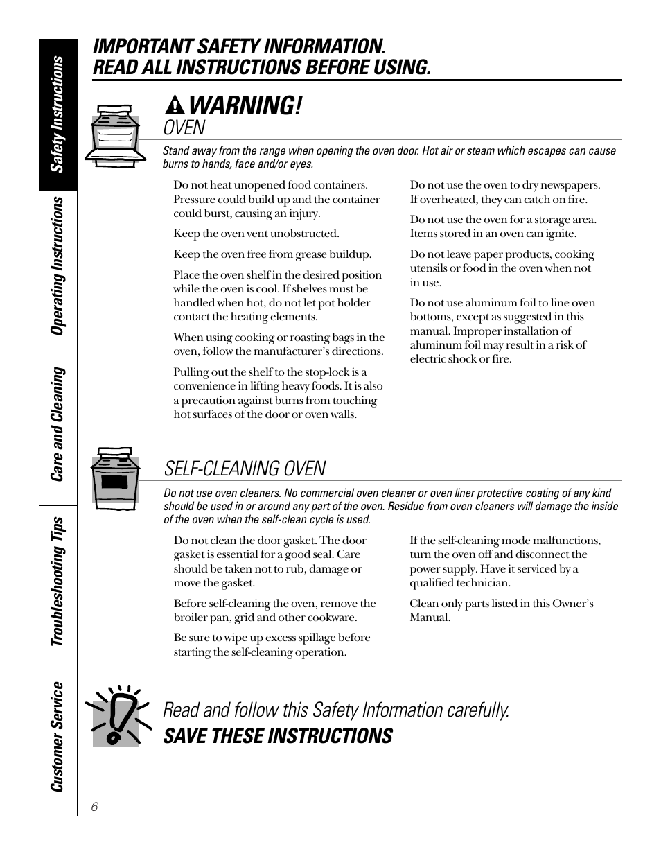 Oven, Warning, Self-cleaning oven | GE 49-8973-2 01-00 JR User Manual | Page 6 / 40