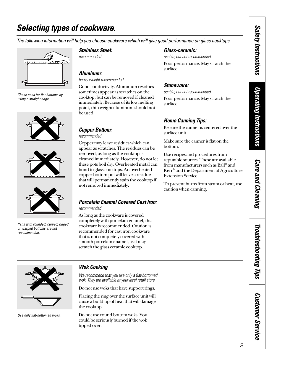 Selecting types of cookware | GE 49-8973-2 01-00 JR User Manual | Page 9 / 40