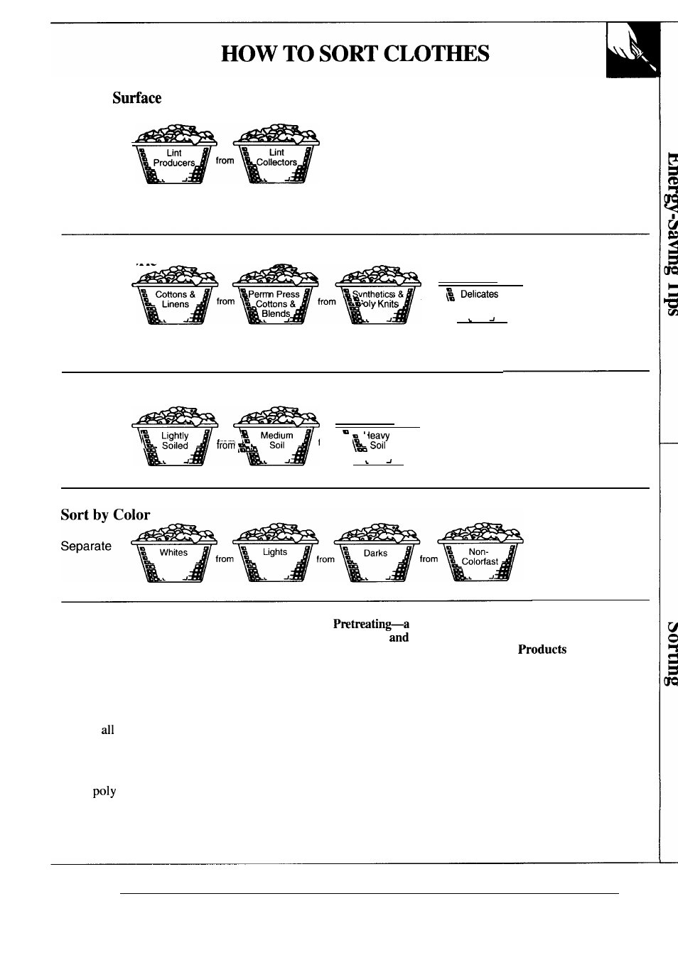 Energy-saving tips, Sort by texture, Sort by fabric | Sort by soil ’n, Separate | GE WA5857R User Manual | Page 11 / 28