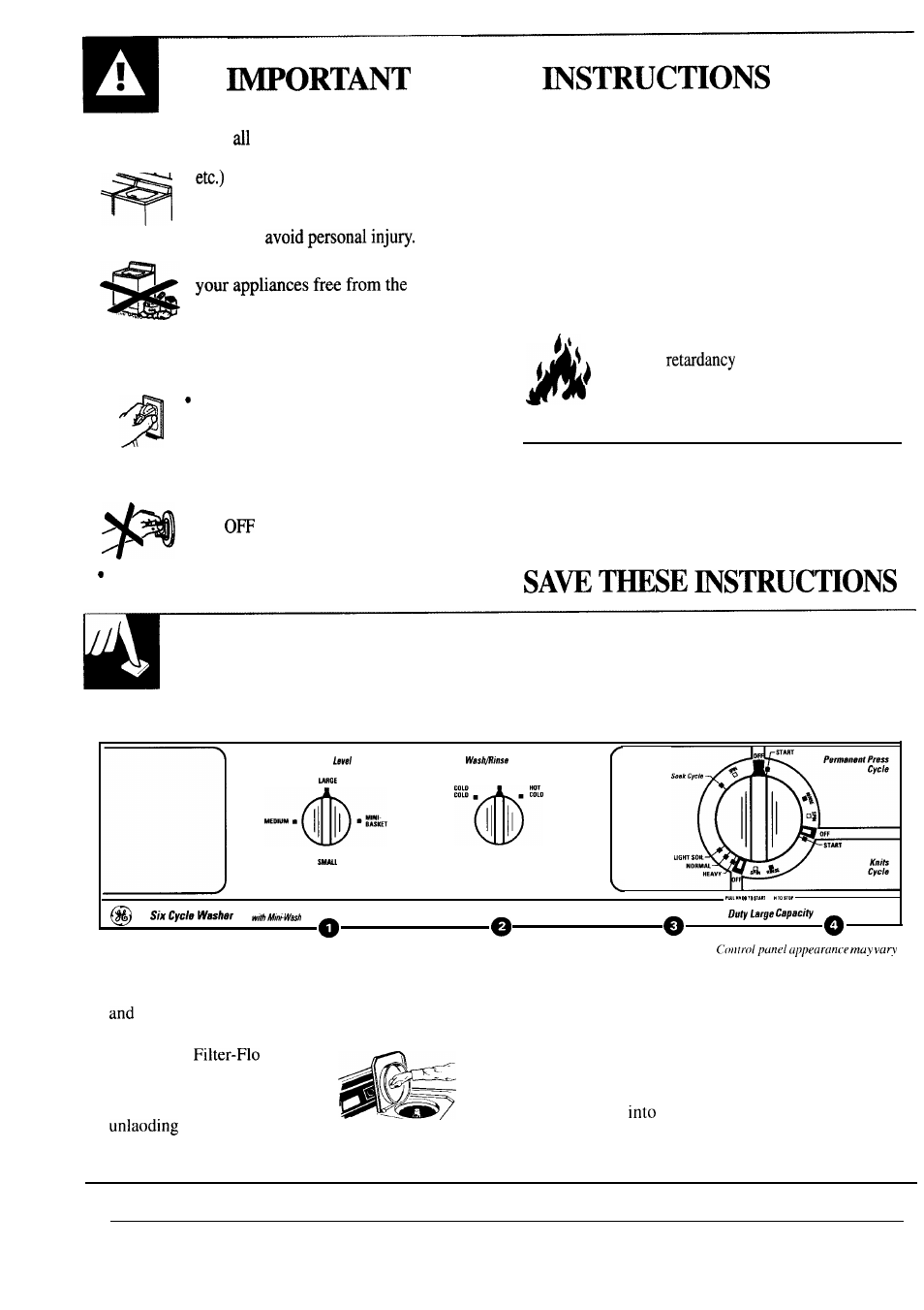 Pan , 5,8, 9, 12,25, Mini-basket, Operating the washer –9 | Safety, How to operate your clothes washer, Tamper with controls, For washer operation, Warning—to, Sorting and loading | GE WA5857R User Manual | Page 4 / 28