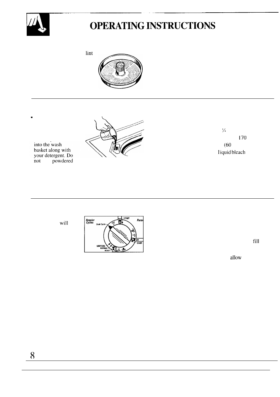 How to use the filter-flo pan, How to use the bleach dispenser, How to use the soak cycle | GE WA5857R User Manual | Page 8 / 28