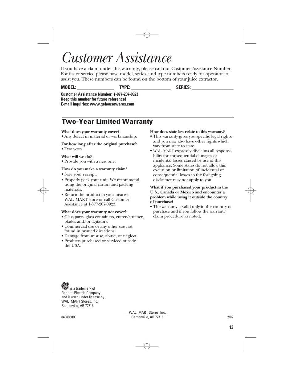 Customer assistance, Two-year limited warranty | GE 840095800 User Manual | Page 13 / 28