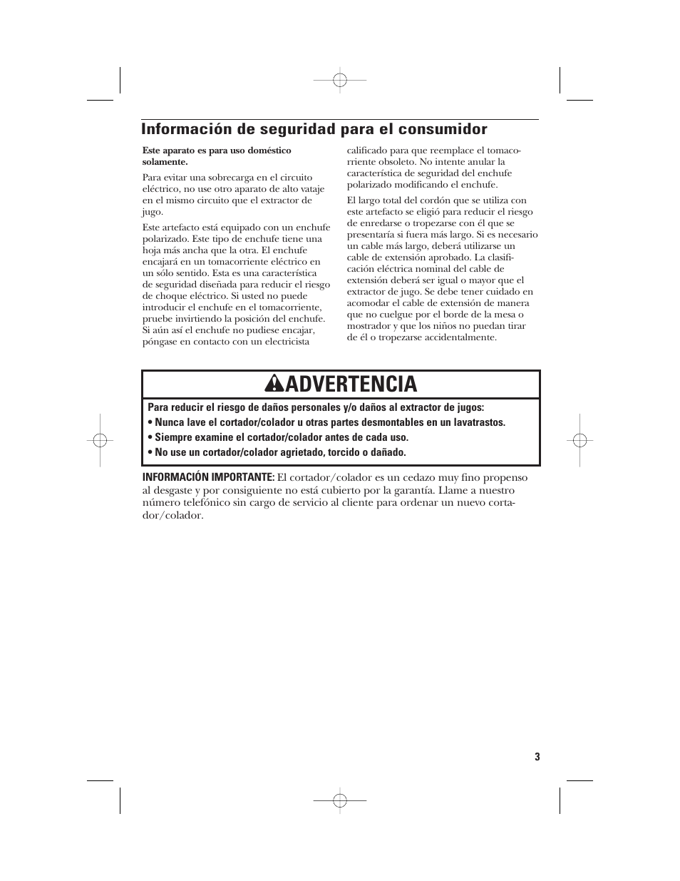 Wadvertencia, Información de seguridad para el consumidor | GE 840095800 User Manual | Page 16 / 28