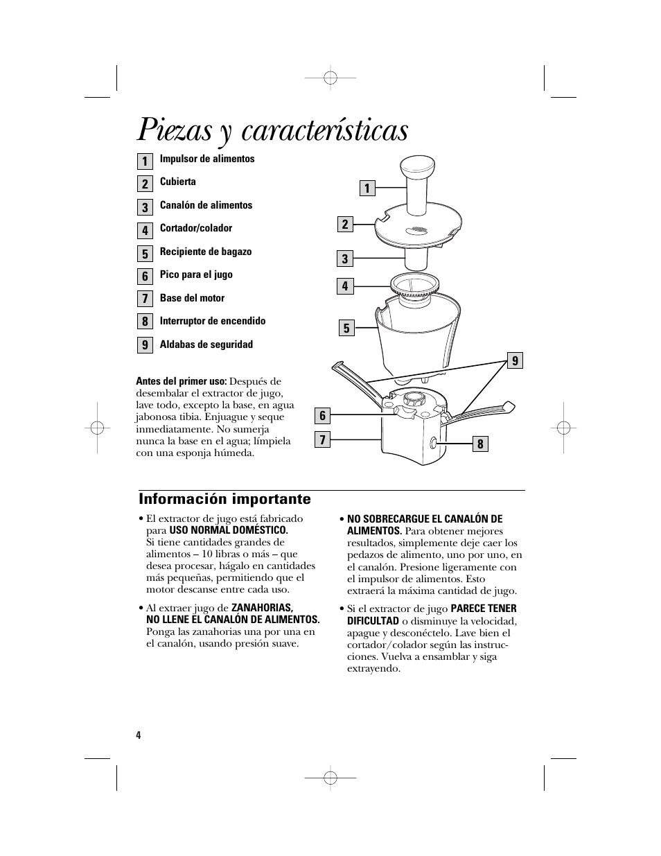 Piezas y características, Información importante | GE 840095800 User Manual | Page 17 / 28