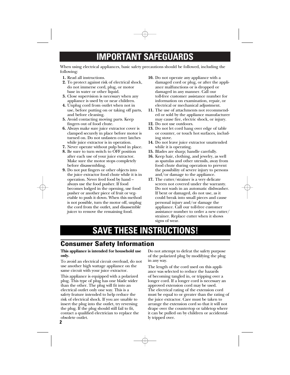 Important safeguards save these instructions, Consumer safety information | GE 840095800 User Manual | Page 2 / 28