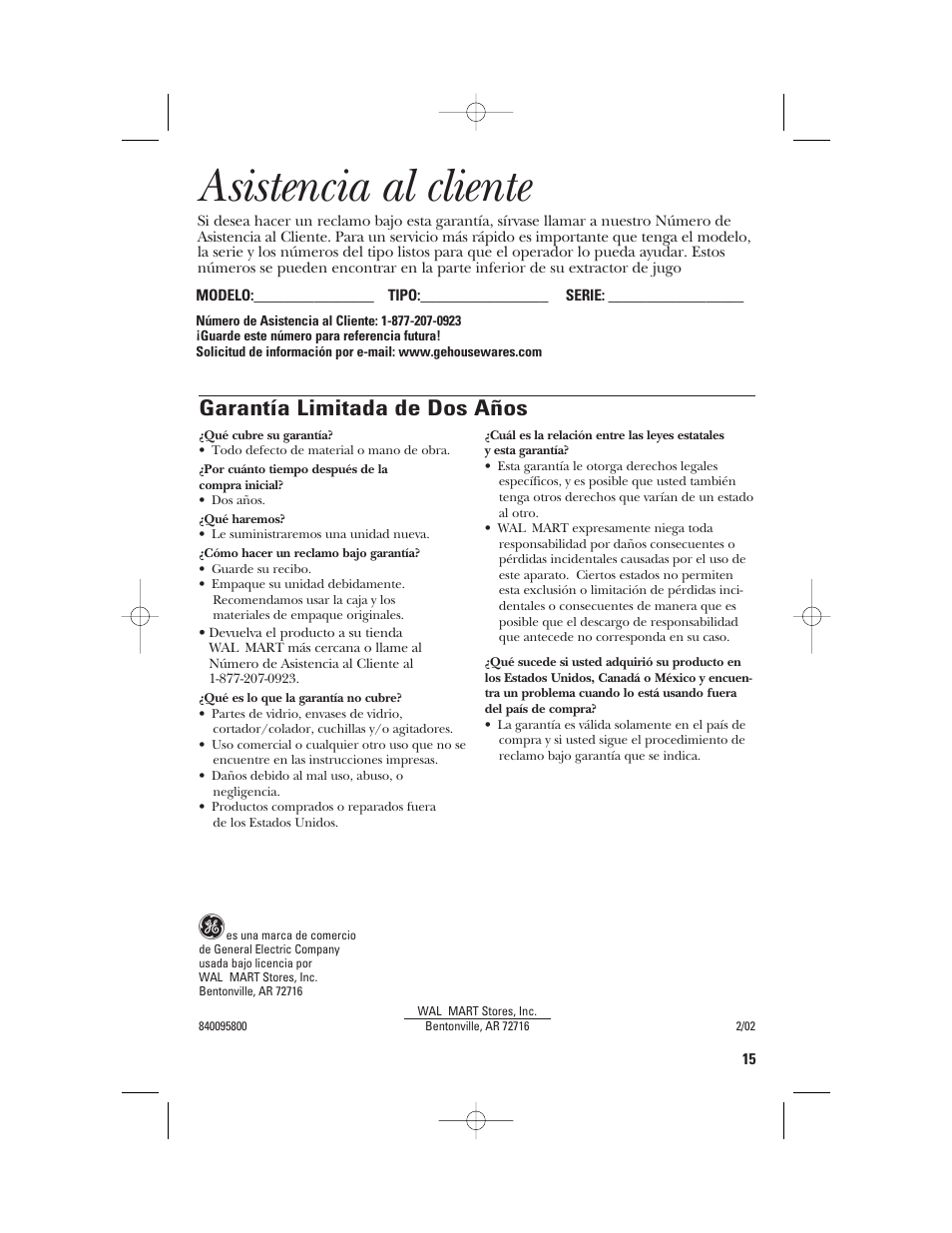 Asistencia al cliente, Garantía limitada de dos años | GE 840095800 User Manual | Page 28 / 28