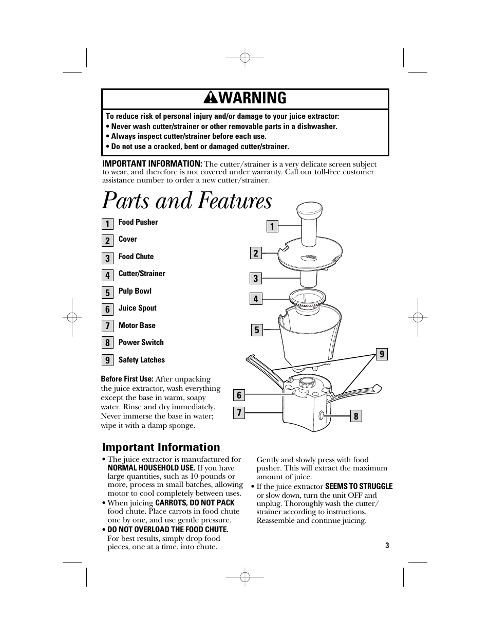 Parts and features, Wwarning | GE 840095800 User Manual | Page 3 / 28