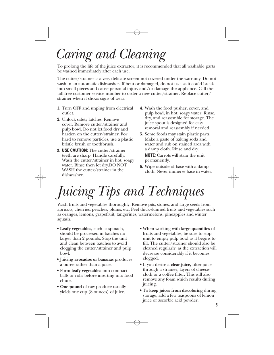 Caring and cleaning, Juicing tips and techniques | GE 840095800 User Manual | Page 5 / 28