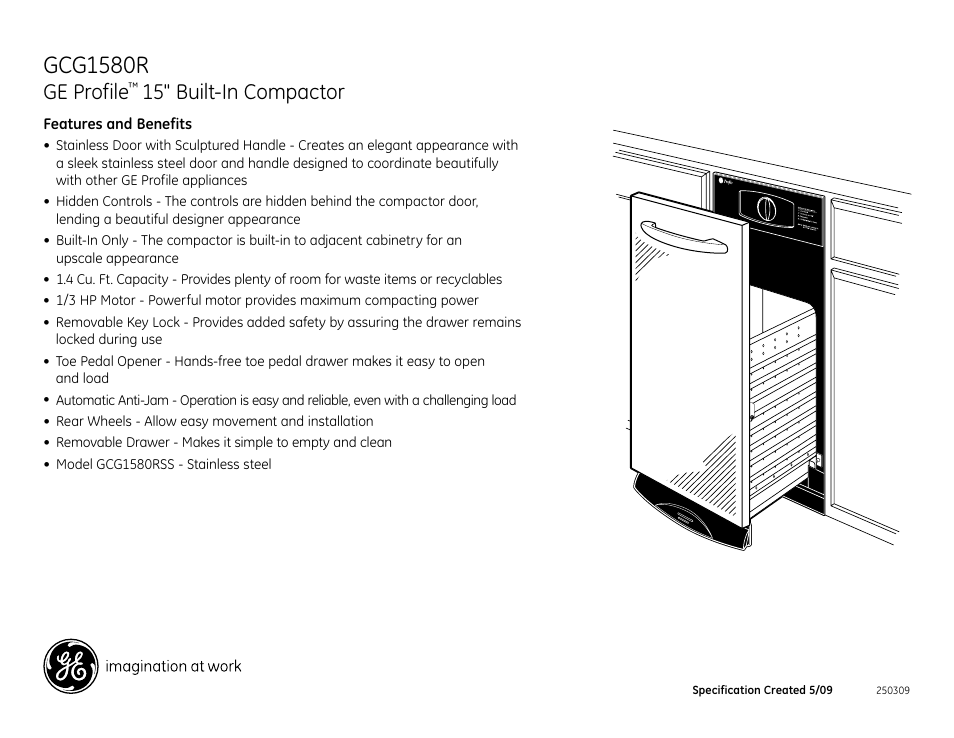 Gcg1580r, Ge profile, 15" built-in compactor | GE GCG1580RSS User Manual | Page 2 / 2