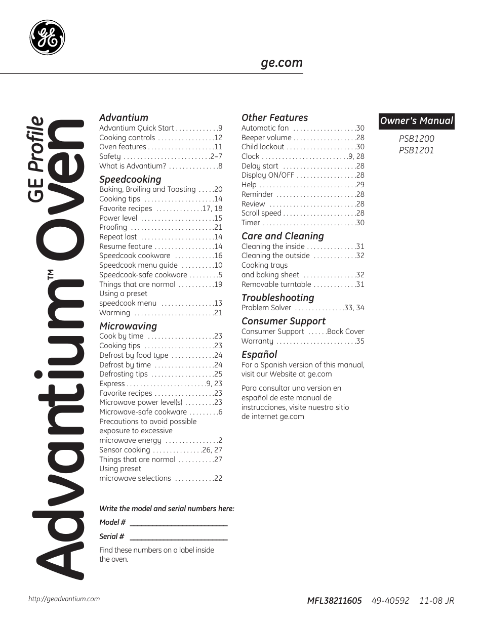 GE Profile Advantium PSB1201 User Manual | 36 pages